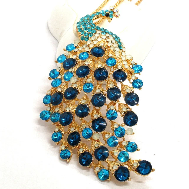 Hot Betsey Johnson Blue Crystal Ornate Peacock Animal Pendant  Necklace