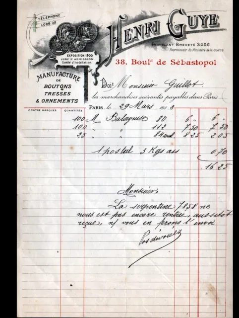 PARIS (IV°) USINE / BOUTONS TRESSES & ORNEMENTS "Henri GUYE" Facture en 1912