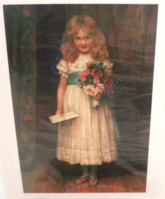 Victorian Lithograph Print Picture "Special Greetings" Girl With Flowers 4" X 6"