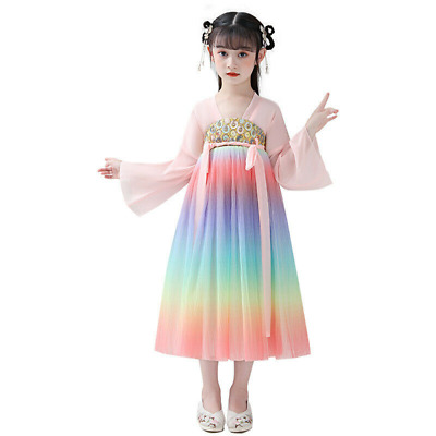 Bambine HANFU Abito Rainbow Stripe Tang Tuta Stile Cinese Costume da principessa