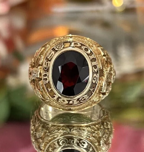 2.50 Ct Oval Garnet Lab Created West Point Military Ring 14K Yellow Gold Plated