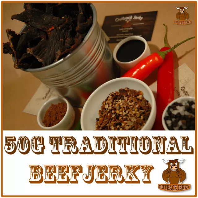 BEEF JERKY TRADITIONAL 50G Hi PROTEIN LOW CARBOHYDRATE PRESERVATIVE FREE SNACK