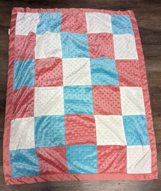 The Peanut Shell Baby Blanket Minky Dot Patchwork Teal Coral White EUC