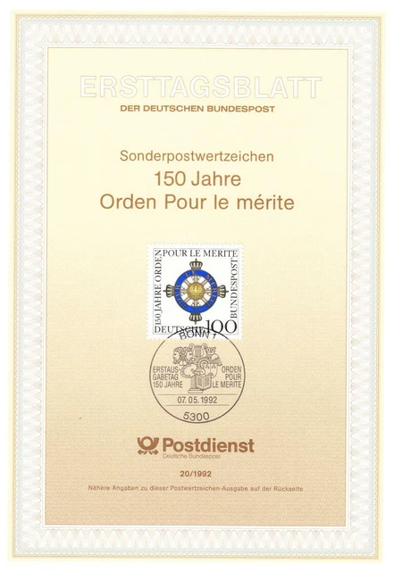 Bund ETB Nr. 20/1992 - 150 Jahre Orden Pour le mérite