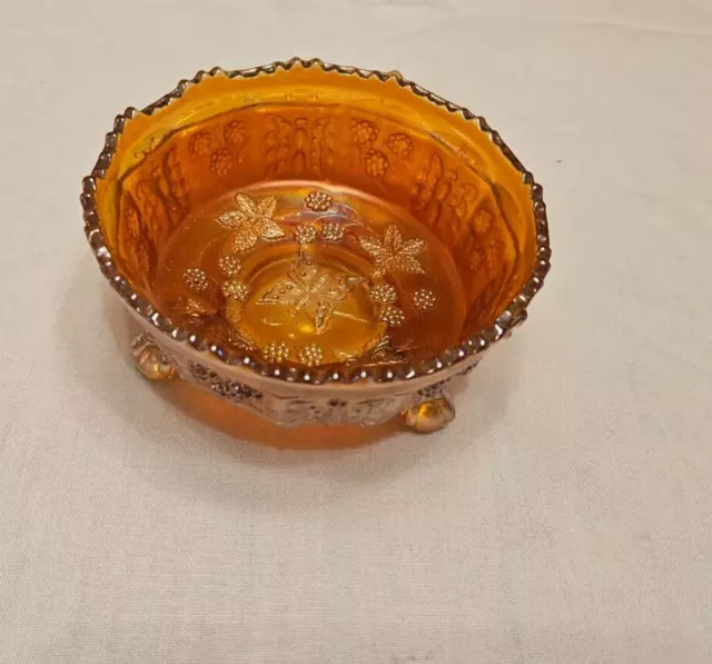 Nice Marigold Orange Carnival Glass Bowl Butterfly Fruit Pattern With Claw Feet