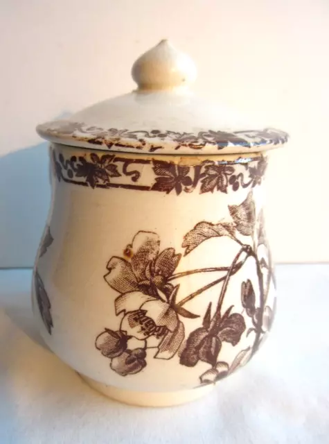 Pot à crème XIXème en faïence, décor de fleurs de pommier couleur marron sépia