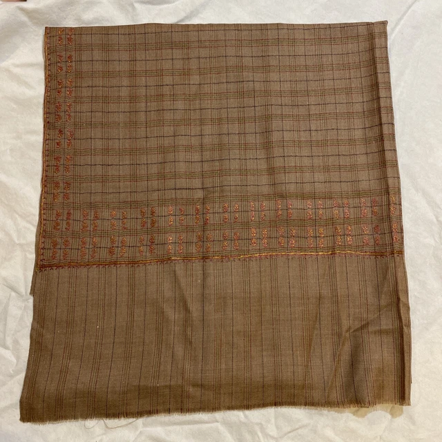 Bajra Huge 100% Merino Wool Wrap Scarf 78x38 Plaid Floral Embroidered Nepal