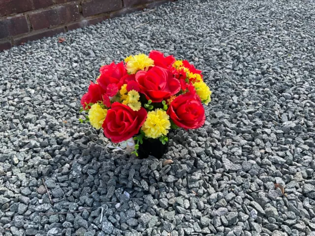 Beautiful artificial Red Rose /  yellow arrangement in grave/memorial/crem pot