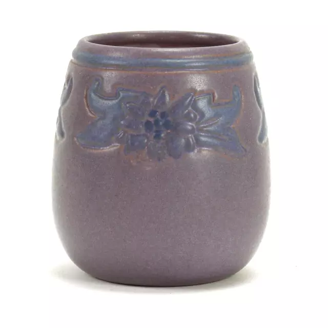 Marblehead Pottery floral decorated vase Arts & Crafts matte purple & blue