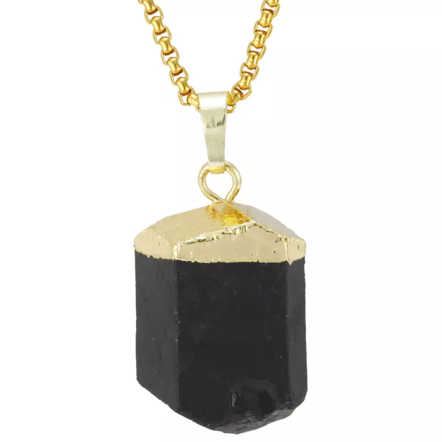 Natural Crystal Pendant Necklace Black Tourmaline Raw Stone Gold Plated Reiki