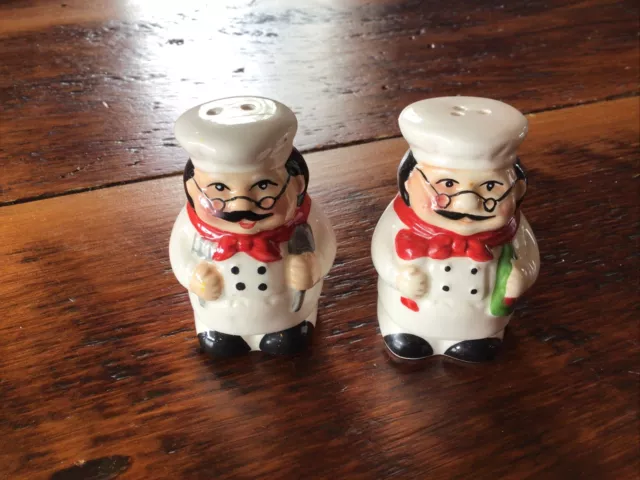 Vintage Fat Italian Chef Ceramic Salt and Pepper Shakers 3” Holding Spoon Fork
