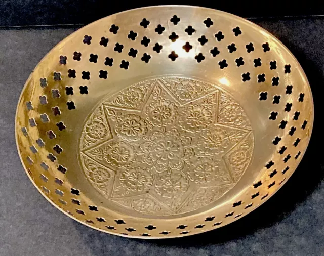 Vintage Brass Bowl Intricate Engraved Design Cutouts Around Rim 7.5”