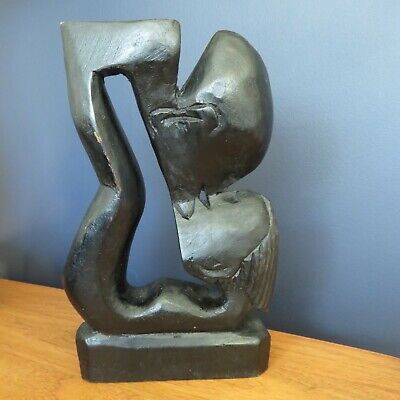 Vintage Black Wood Hand Carved Couple Love Kissing Folk Art Sculputre Primitive