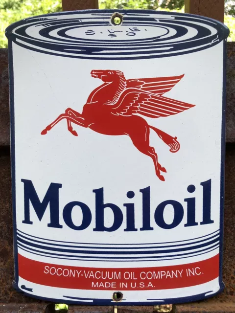 Vintage Mobiloil Motor Oil Can Porcelain Gas Station Mobil Mobilgas Sign