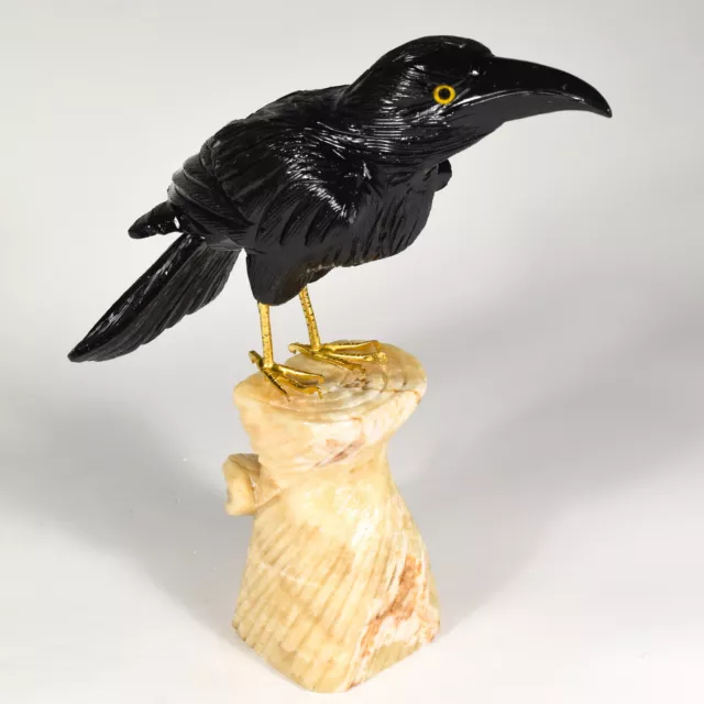 9" Black Onyx Crow on Caramel Onyx Base Hand Made Crystal Bird Sculpture - Peru
