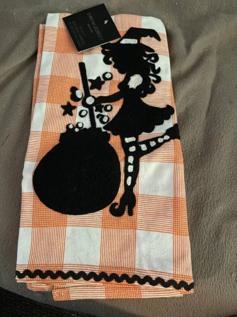 Pair Cynthia Rowley Halloween Kitchen Hand Towels Black Witch W/Pot Orange Check