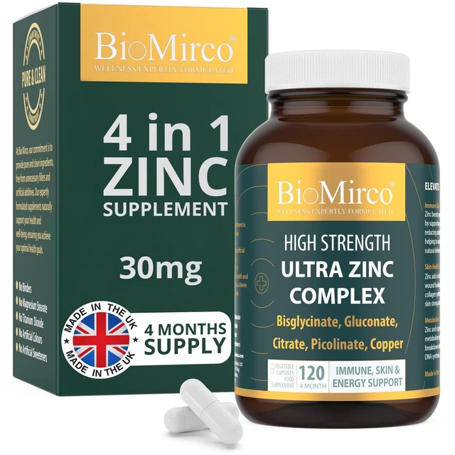 BIOMIRCO ZINC SUPPLEMENTS 30mg High Strength 4-Form Complex 120 ...
