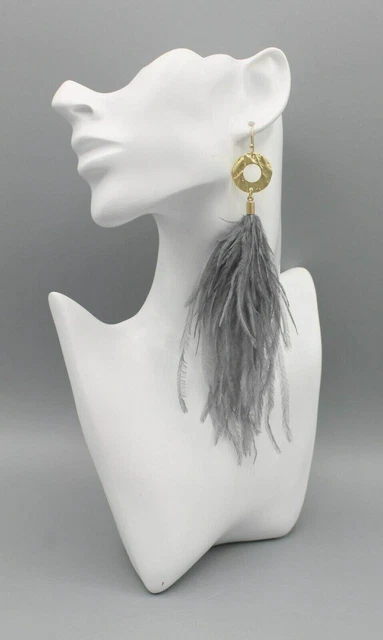 Natural ostrich feather gray elegant long large drop dangle earrings