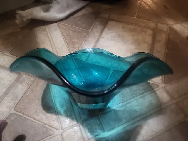 Lenox Turquoise Blue Teal Art Glass Wave Wavy Ruffle Crystal Bowl