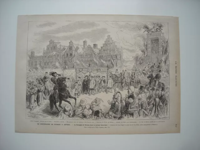 Gravure 1877. Anvers. Centenaire De Rubens. Le Triomphe De Rubens Dans Le Corteg