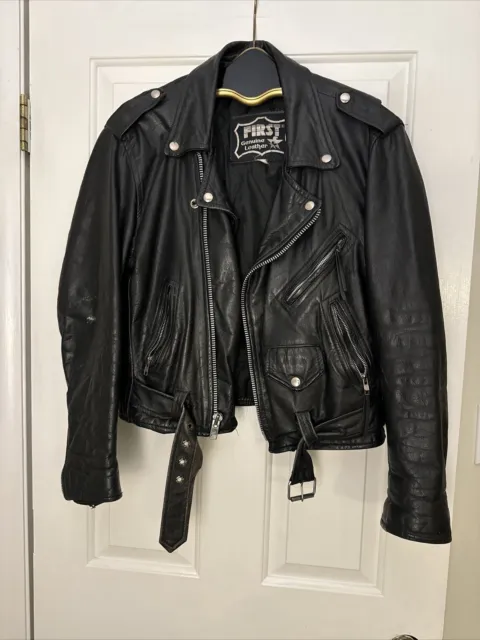 Vintage Mens First Genuine Leather Motorcycle Moto MC Lined Black Jacket