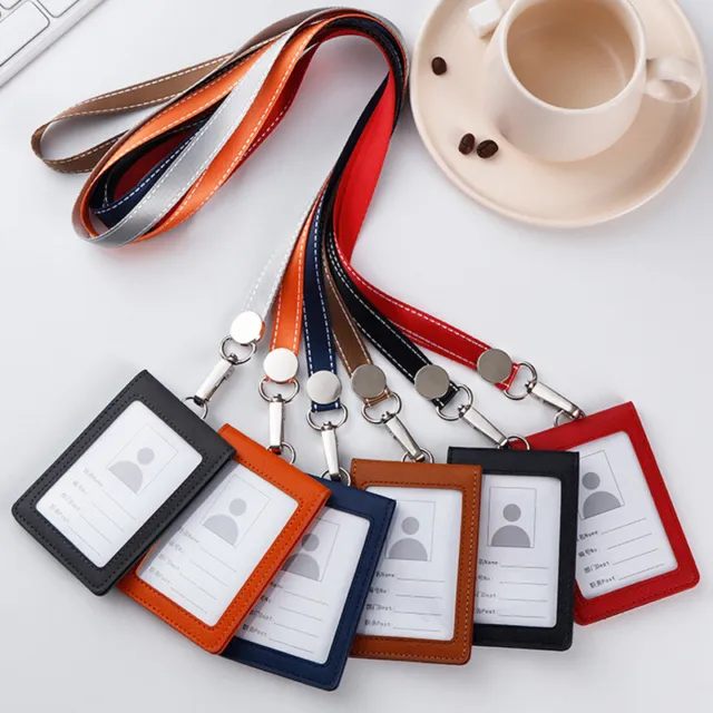 Leather Id Holders Case PU Business Badge Card Holder With Neck Strap Lanyard