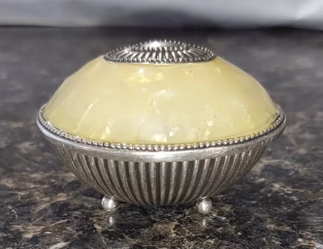 Vintage Art Nouveau Silver Plated Yellow Mother of Pearl Ring Box Egg Shape 3