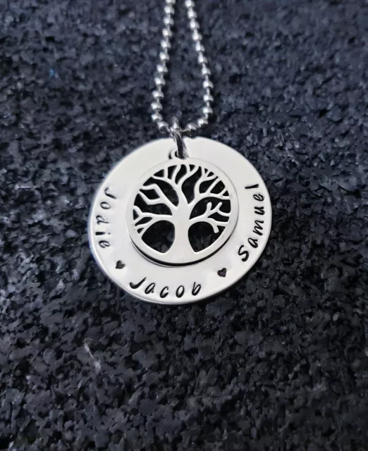 Personalised tree of life hand stamped stainless steel 32mm washer name necklace