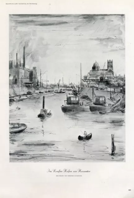 Neußer Hafen am Hessentor XL Kunstdruck 1938 von Hermann Cossmann Neuss