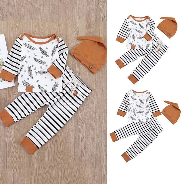 3Pcs Newborn Baby Boy Striped Long Sleeve T-shirt Tops+Pants Outfits Clothes Set