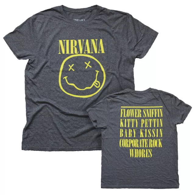 Nirvana T Shirt Happy Face Official Flower Sniffin Mens Grey Kurt Rock Smile New