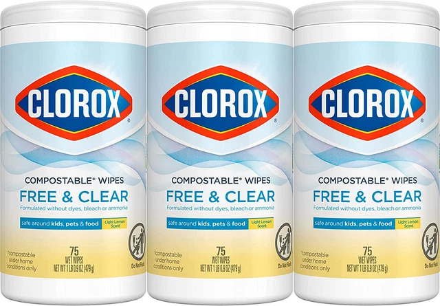 Free & Clear Compostable Cleaning Wipes, Light Lemon Scent, 75 Count, Pack of 3