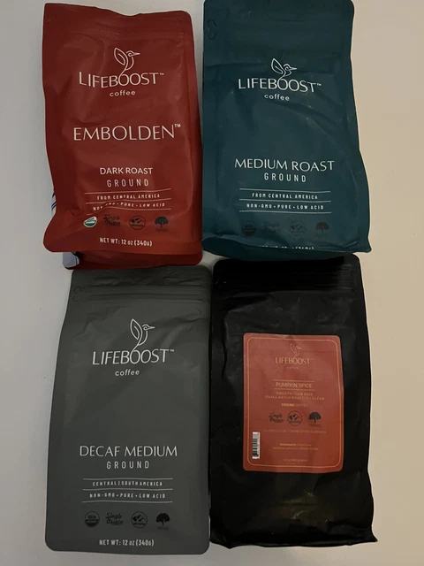 Lifeboost Coffee Set Of 4 Full Size Bags - Dark & Medium, Decaf, Pumpkin Spice