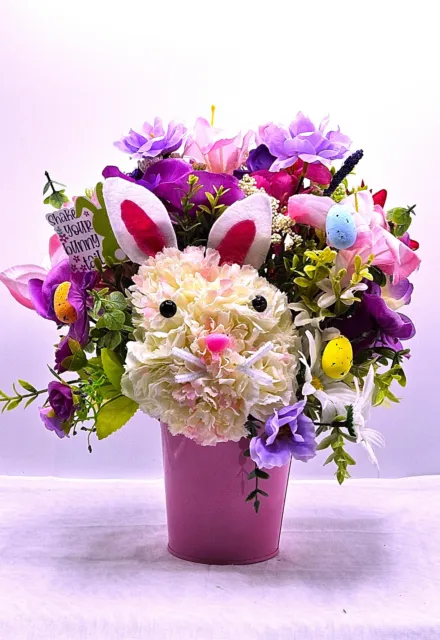 Handcrafted Carnation Flower Bunny Pastel Floral Arrangement and Easter Eggs