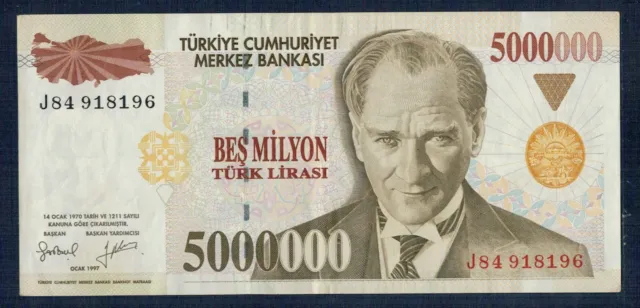 Turkey - 5 Million Of Lyre 1997 Prefix J P.M. N° 210 Very Fine+ Gian 3
