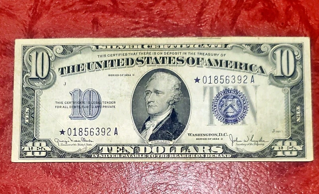 1934-D $10 Silver Certificate ** Star Note ** Wide ~ Problem Free Extremely Fine