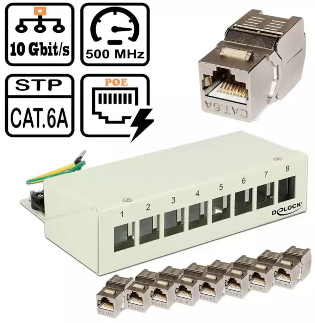 8 Port Mini Patchpanel CAT6A 10Gibit Keystone Module Wand Hutschiene lichtgrau