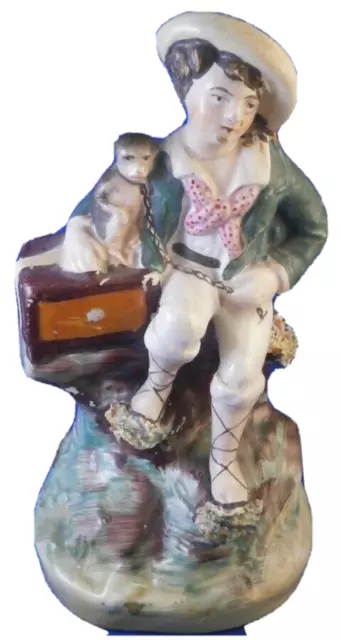 Antico 19thC Staffordshire Organ Grinder W/Scimmia Figurina Figura English