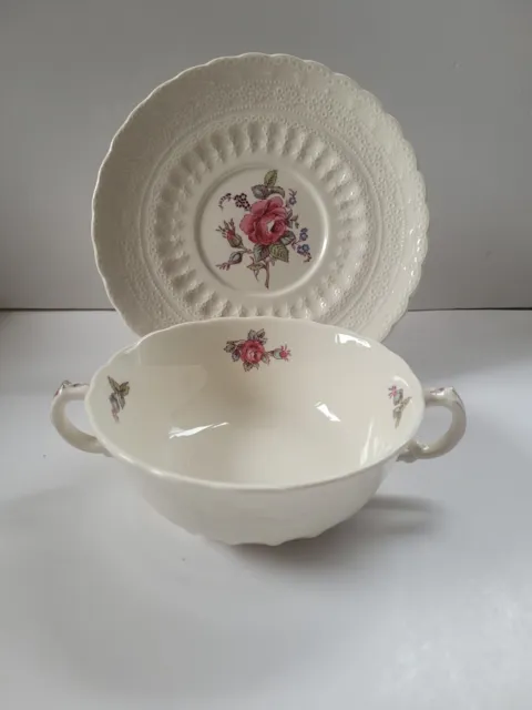 Vintage Spode Copeland Billingsley Rose England 2 Handle Soup Cup Bowl Saucer