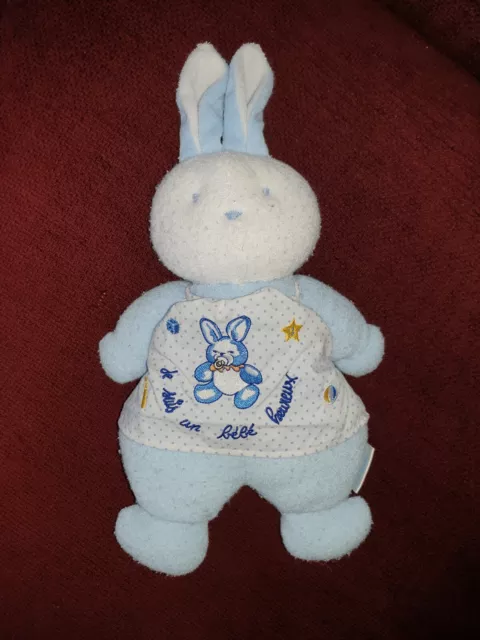 Peluche Doudou Lapin bleu blanc Klorane  je suis un Bébé heureux tablier brodé
