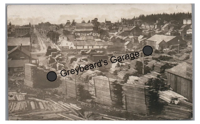 RPPC Aerial View Logging Lumber Yard CRESCENT CITY CA Real Photo Postcard