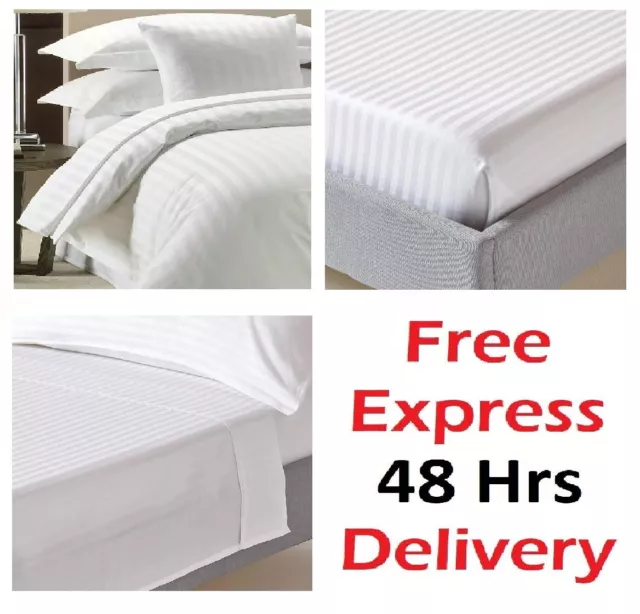 100% LUXURY HOTEL QUALITY COTTON SATIN STRIPE White DUVET COVER SET Double BED