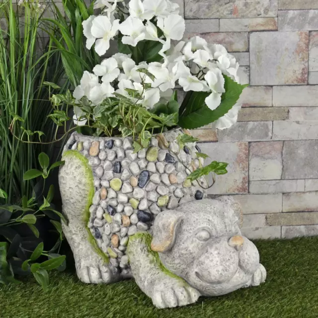 Crouching Dog Garden Planter Patio Flower Pot Grey Beige Pebble Mosaic Body 33cm