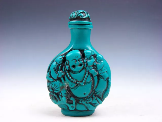 Turquoise Glazed Laughing Buddha Kids Buddha Monkey Carved Snuff Bottle #081422