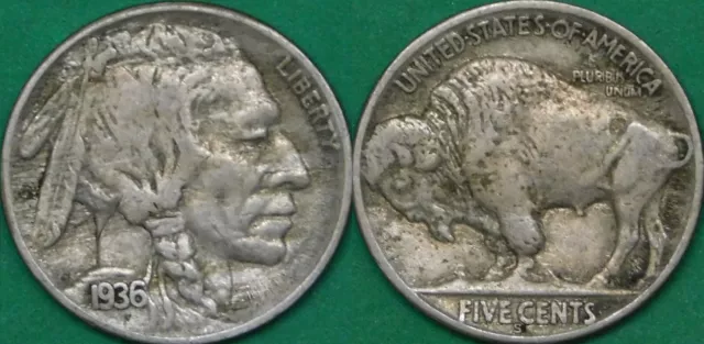 1936 US (S Mark) Buffalo Nickel Grades as Very Fine