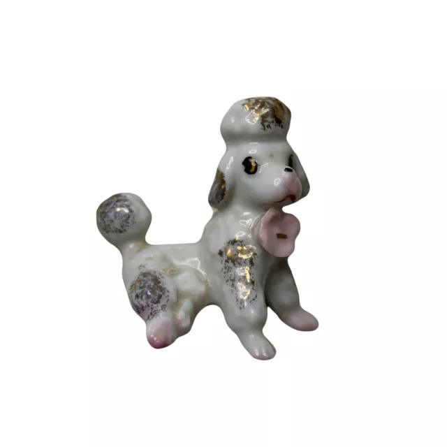 Vintage Small Porcelain Poodle Dog Figurine With Pink Flower Japan Mid Century