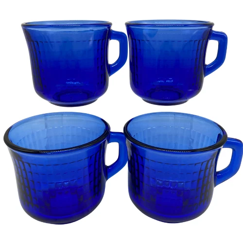 VINTAGE FORTECRISA MEXICO Cobalt Blue Ribbed Handled Glass Cups Mugs ...