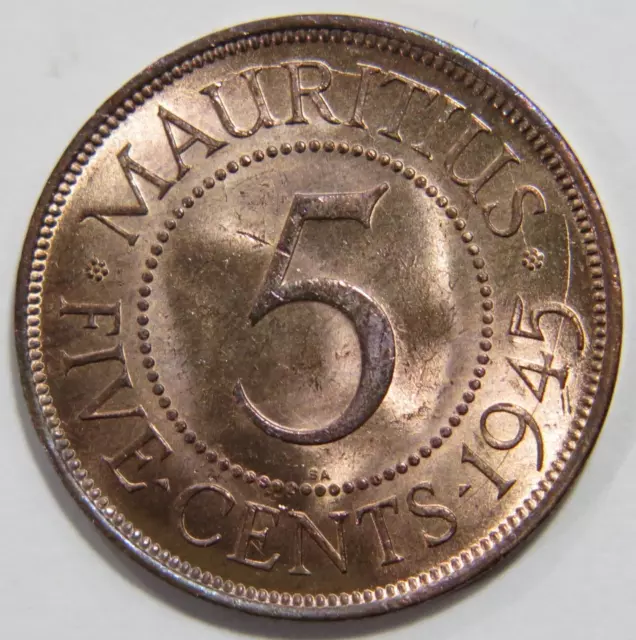 Mauritius 5 Cents King George Vi Wwii Era World Coin Unc Toned 🌈⭐🌈