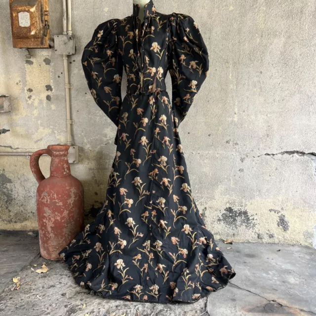 Antique Victorian Black & Pink Orchid Flower Print Dress Gigot Sleeves Vintage