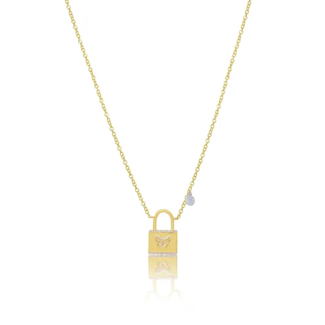 Yellow Gold Diamond Lock and Butterfly Necklace MEIRA T ONE OF A KIND